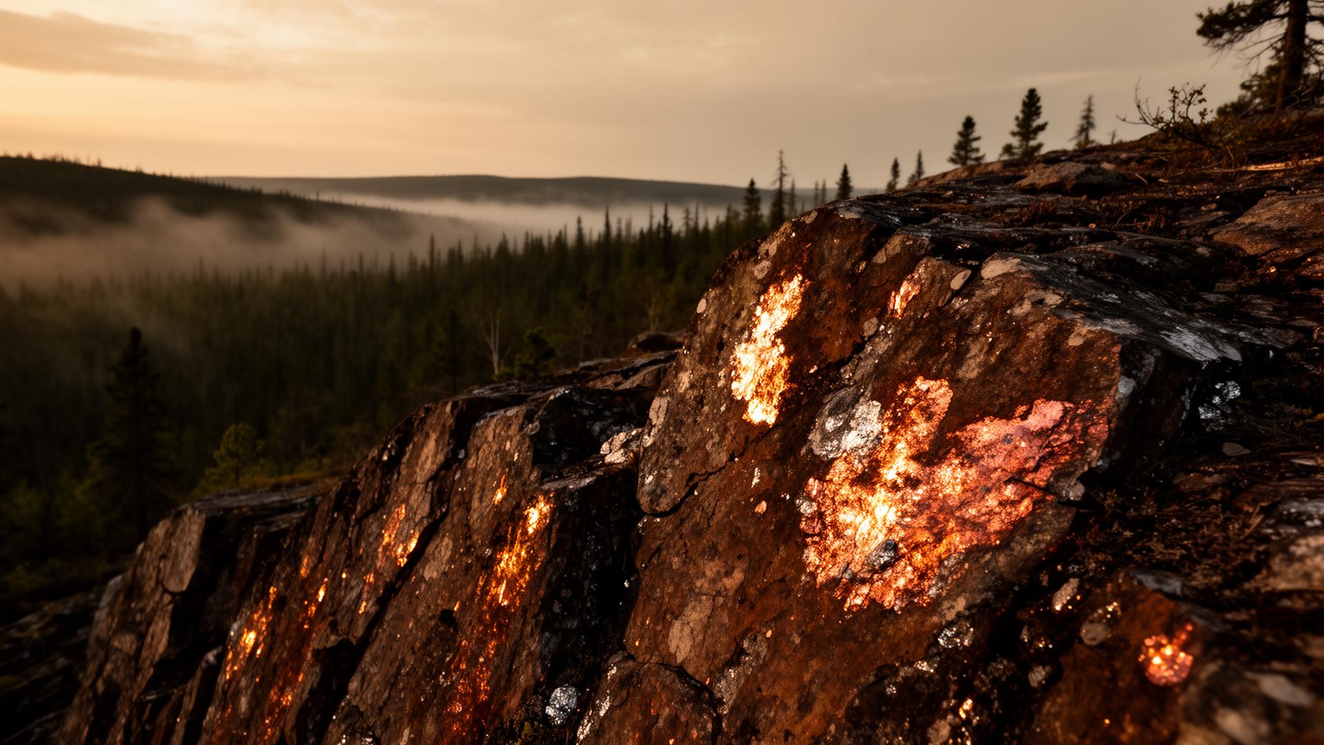 Mineral-bearing outcrop on the Canadian Shield at golden hour